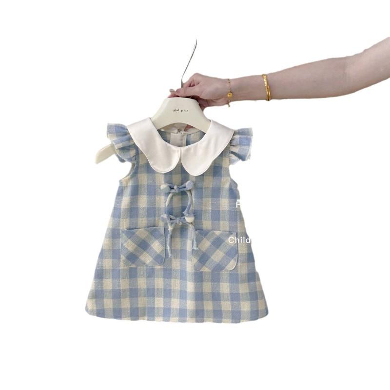 Girls Blue Plaid Dress Princess Style Cotton Toddler Girl Party Dresses
