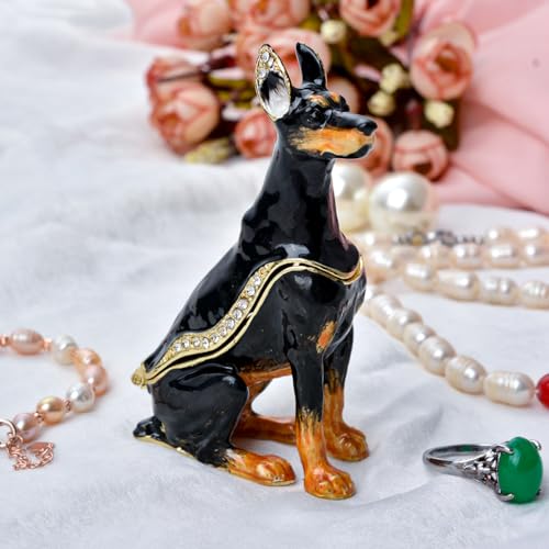 FJ FENGZHIJIE Doberman Dog Figurine Jewelry Box with Hand-Painted Details and Hinged Lid, Golden Crystal Enamel, Animal Keepsake, Special Occasion Gif