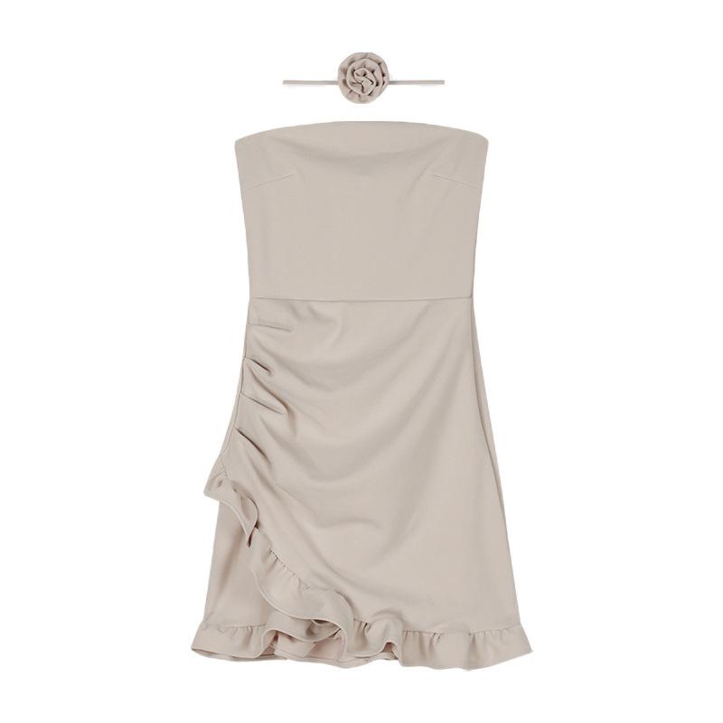 One-word shoulder tube top dress women's summer temperament flower pure desire waist ruffle edge skirt sexy hip wrap short skirt