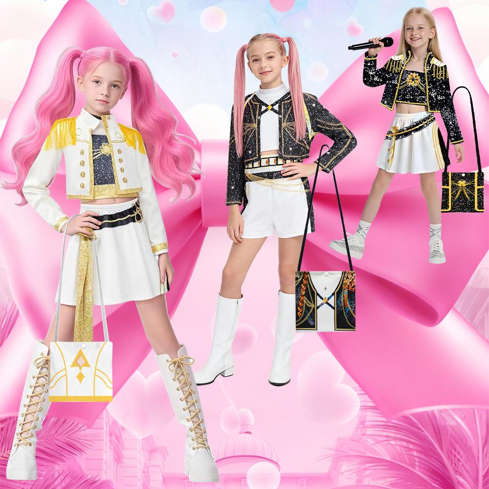 Kid Girls Rumi K Pop Demon Hunter Cosplay Kids Black Gloden Costume Chid Disguise Performance Roleplay Uniform Halloween