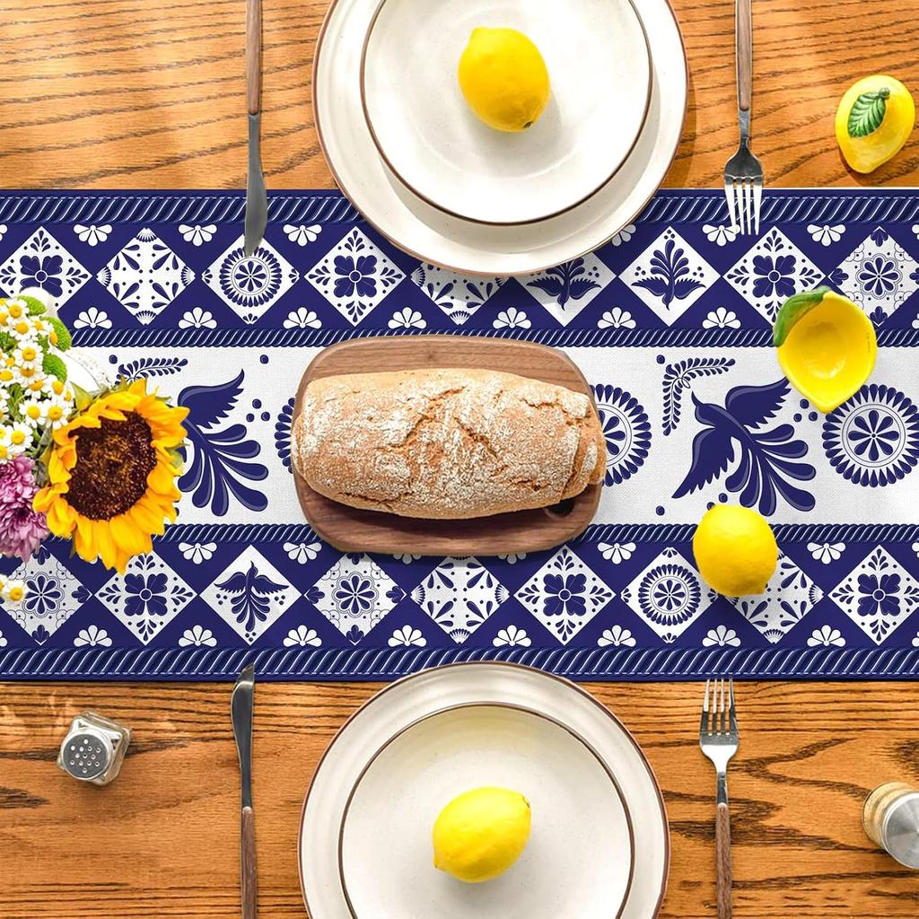 Mexican Table Runner Blue Patchwork Tiles Table Cover Mexican Fiesta Talavera Floral Bird Decor Mexican Dia De Los Muertos Decorations for Simple
