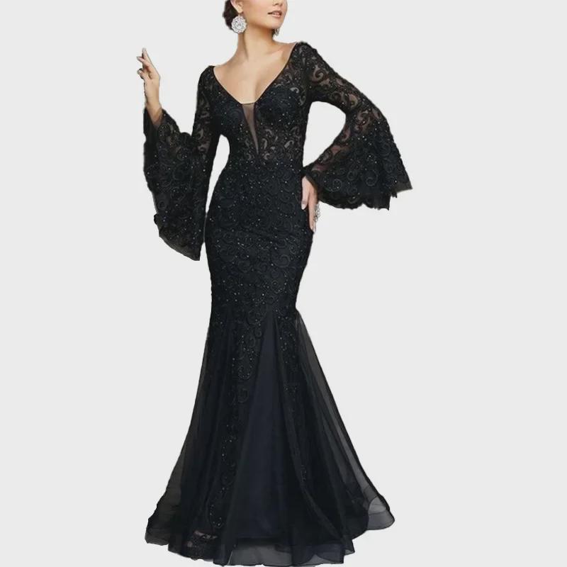 Elegant Black Fishtail Lace Evening Dress - 2025 Summer Collection