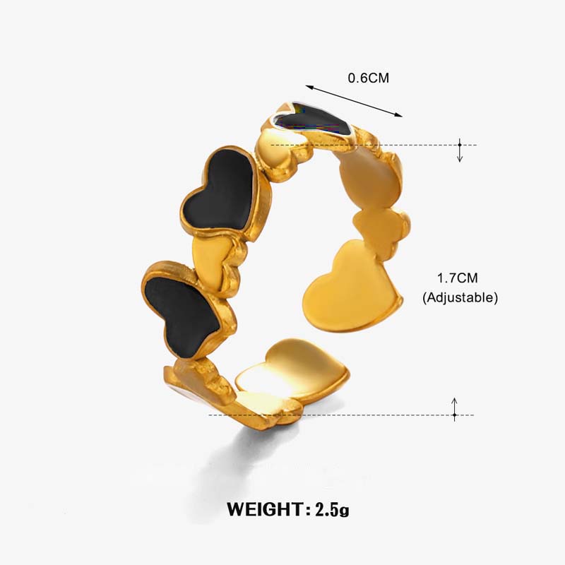 Stainless Steel Gold Color Heart Open Rings For Women Vintage Black Drip Oil Adjustable Couple Ring Jewelry Valentine's Day Gift