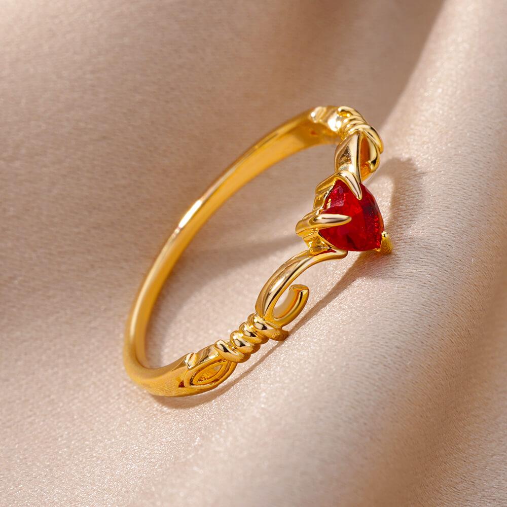 Red Heart Zircon Rings For Women Girls Gold Color Stainless Steel Ring Wedding Engaement Romantic Party Jewelry Girlfriend Gift