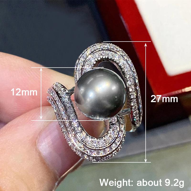 Huitan Luxury Women Rings Black Simulated Pearl Finger Accessories Party Holiday Unique Design Inlaid Shiny CZ  Jewelry