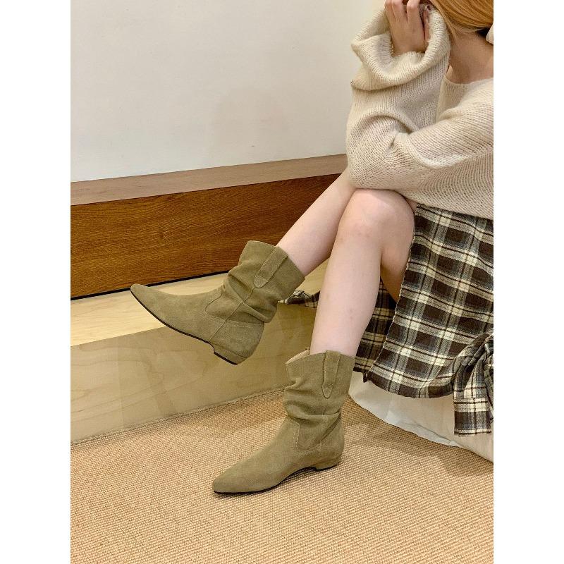 Cowhide Version! Retro Low-heeled Pointed Western Cowboy Pile Boots Women's Autumn and Winter New Martin Boots Versatile Thin Boots