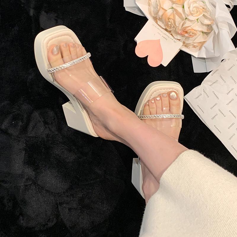 Thick-soled High-heeled Slippers for Women's Summer Outer Wear New Year's Transparent One-word with Rhinestone Thick Heel Premium Cool Slippers