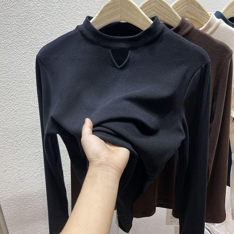 Semi-turtleneck Polished Double-sided German Velvet Bottoming Shirt for Women's Autumn and Winter New Hollow-out Inner Student Long-sleeved T-shirt