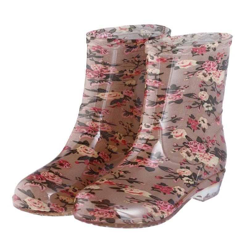 Water Shoes Medium and Low Tube Rain Shoes Women's Short Rain Boots Half Tube Water Boots Flower Cloth Adult Plus Cotton Lint Rainproof
