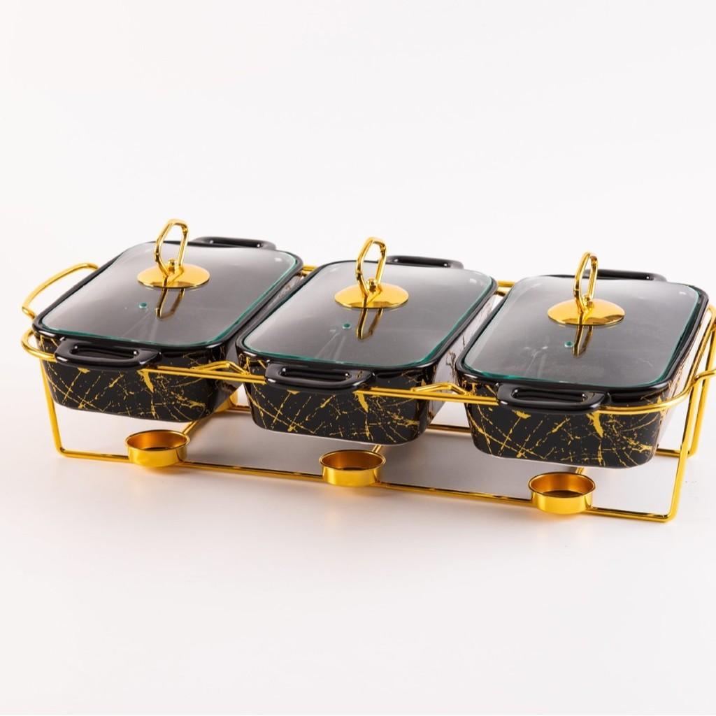 Three-grid Rectangular Ceramic Plate Soup Pot Metal Shelf Hotel Restaurant Hand-Colored Soup Pot Dry Pot Tableware Set