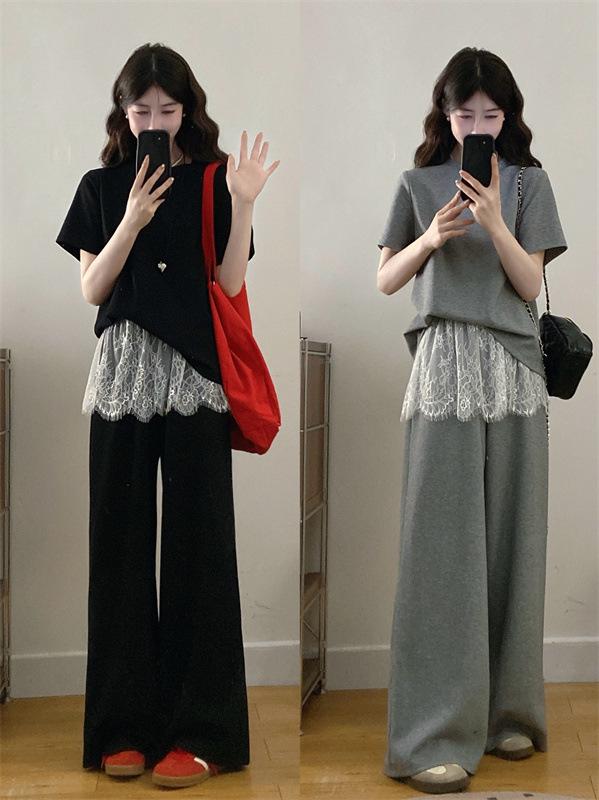 Women s Plus Size Elegant Two-Piece Set: Casual Loose Top with Lace Ruffle Pants XXXL