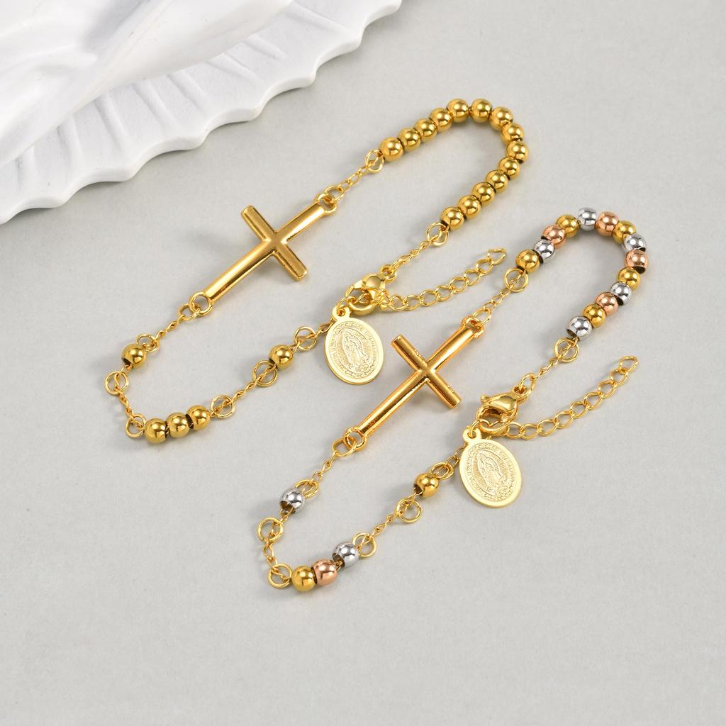 Women's Rosary Cross Virgin Mary Bracelet,Stainless Steel Vintage Charm Beaded Bracelets,Religious Prayer Jewelry Gifts