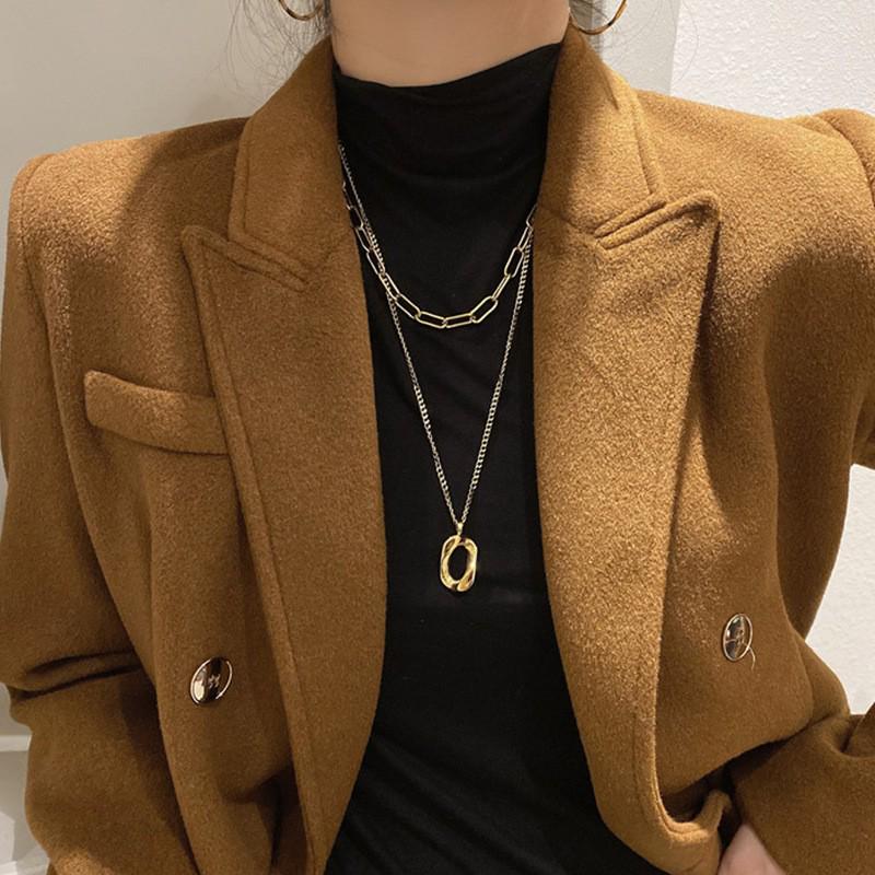 Geometric Titanium Double-Layer Necklace: High-End Minimalist Sweater Chain for Women - Autumn/Winter