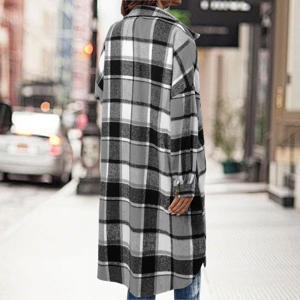Women's Fashionable Oversized Long-Sleeve Collared Plaid Trench Coat With Patch Pockets
