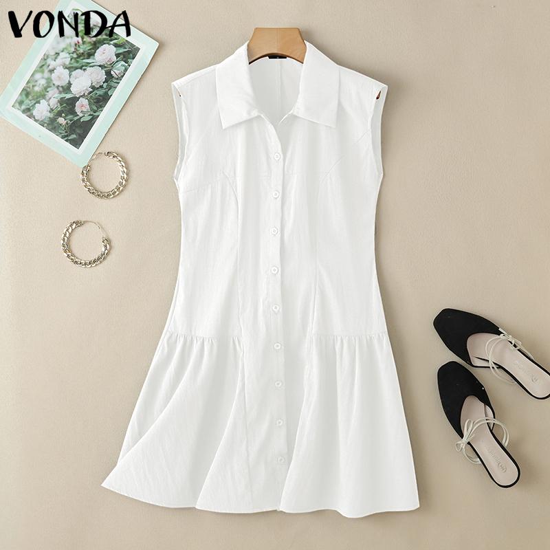 

VONDA Летнее женское платье-майка без рукавов с лацканами, на пуговицах, с оборками, повседневное 5XL белый