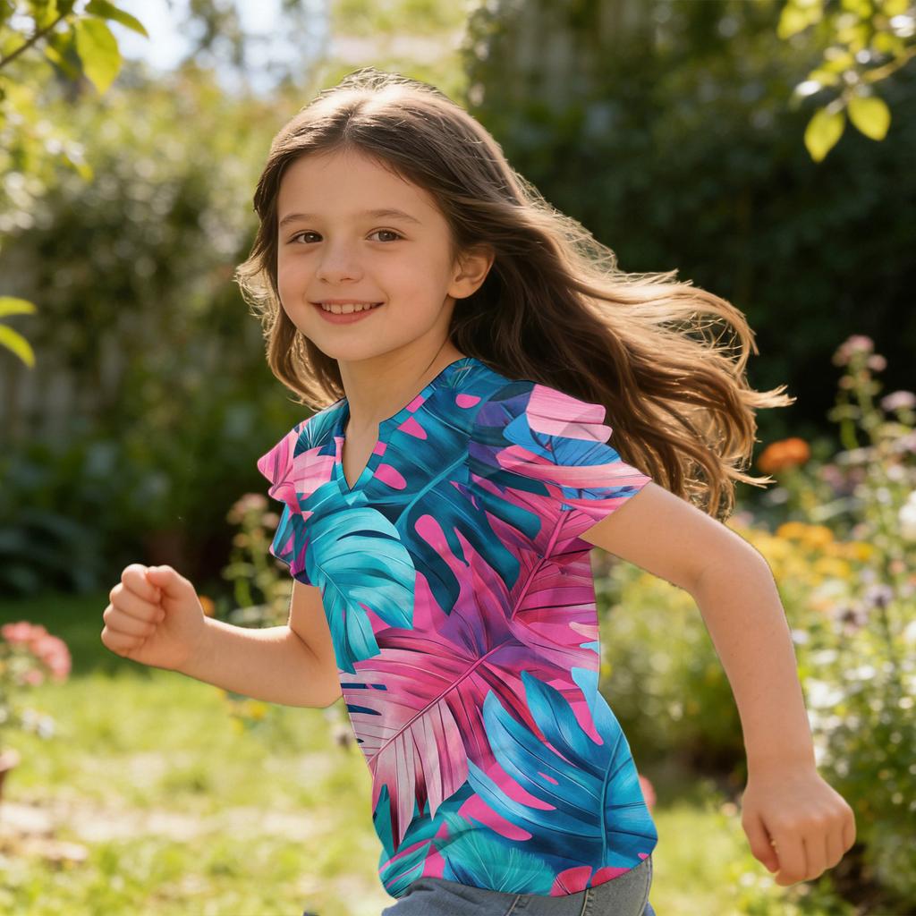 Girls V Neck Ruffle Sleeve Hawaiian Print Short Sleeve T Shirt Casual Blouse Lightweight Summer Top for Kids