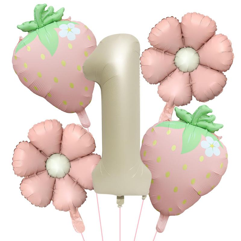 5Pcs Matte Milk White Fruit Strawberry Flower Foil Balloon with 32inch Number Balloon Berry First Birthday Summer Party Supplies