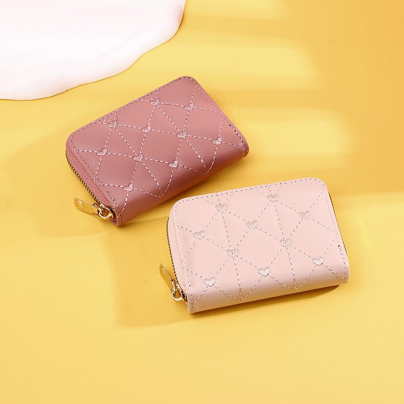 Women Wallet For Pu Leather Fashion Embroidered Love Fold Small Wallet Card Holder Multi-Card Slot Coin Purses Interior Pink
