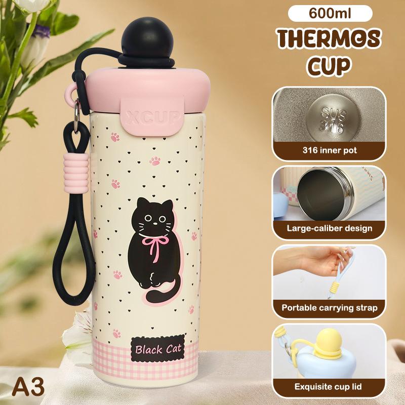 Taza de vacío portátil de dibujos animados de alta capacidad con cuerda de elevación Botella de taza de acero inoxidable 316 Botella de agua aislada Para niños y niñas