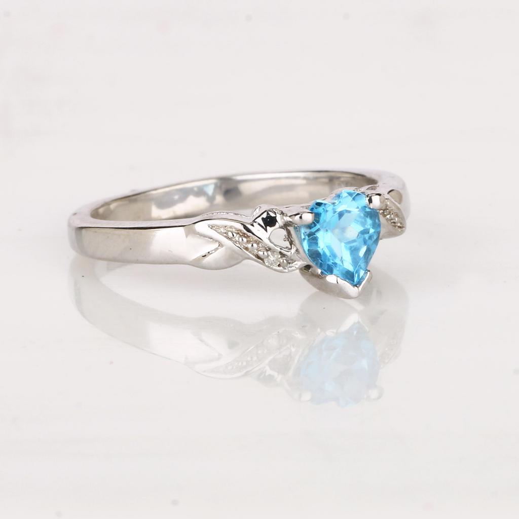 925 Silver Swiss Blue Topaz Heart Ring Gold Plated Diamond Accent Blue Gemstone Women Jewelry Size 5.5