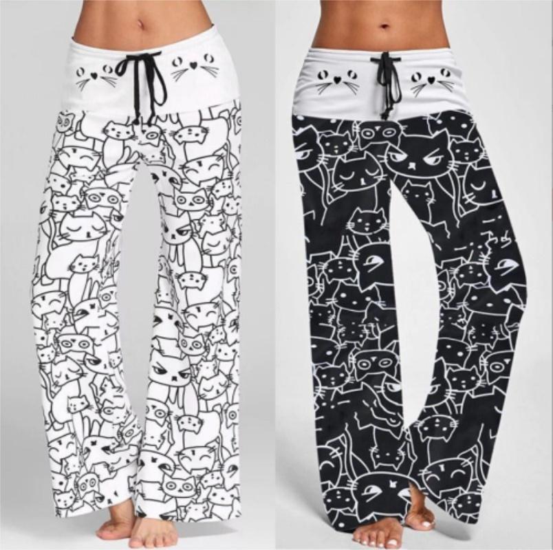 Pantaloni Casual Larghi da Donna alla Moda con Stampa di Gatti Cartoni Animati, Pantaloni Leggeri Estivi