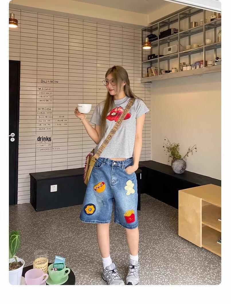 

Новые женские ретро джинсовые шорты: Американский бургер фри полотенце, Креативный кэжуал, Свободные широкие брюки, Дизайн с пятью карманами XL: Height 155-165CM (121-131 lbs)