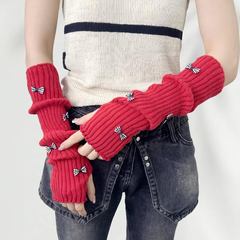 Sweet Cute Fur Bowknot Fingerless Gloves Girl Cosplay Sleeves Arm Sleeves Wool Knitted Sleeves