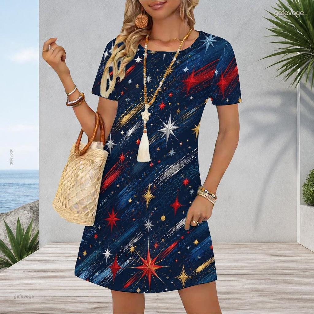 Women Plus Size White Round Neck Short Sleeve Star Printed A Line Midi Dress