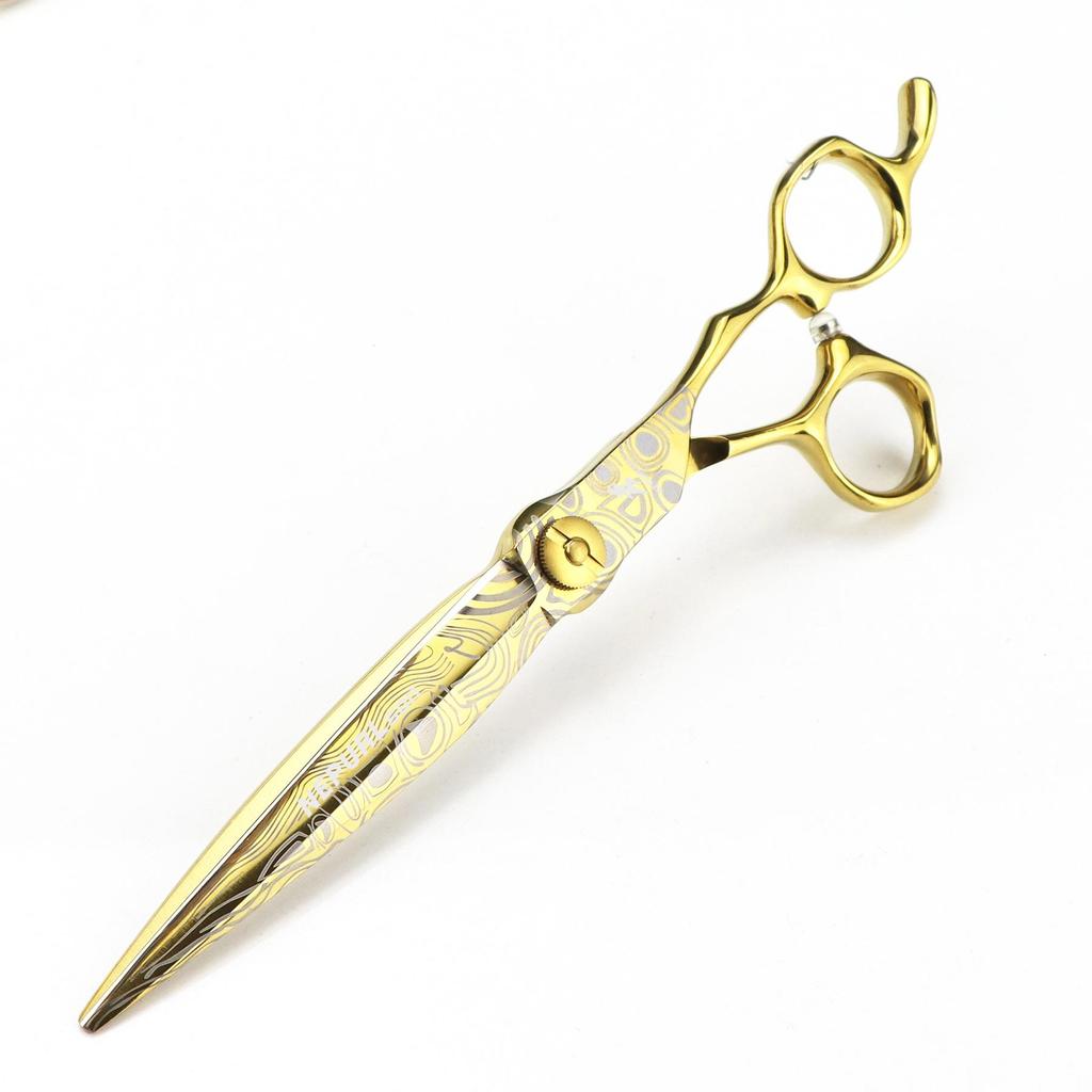 Gold 7" Damascus Steel Hairdressing Scissors - Barber Serrated Thinning Scissors