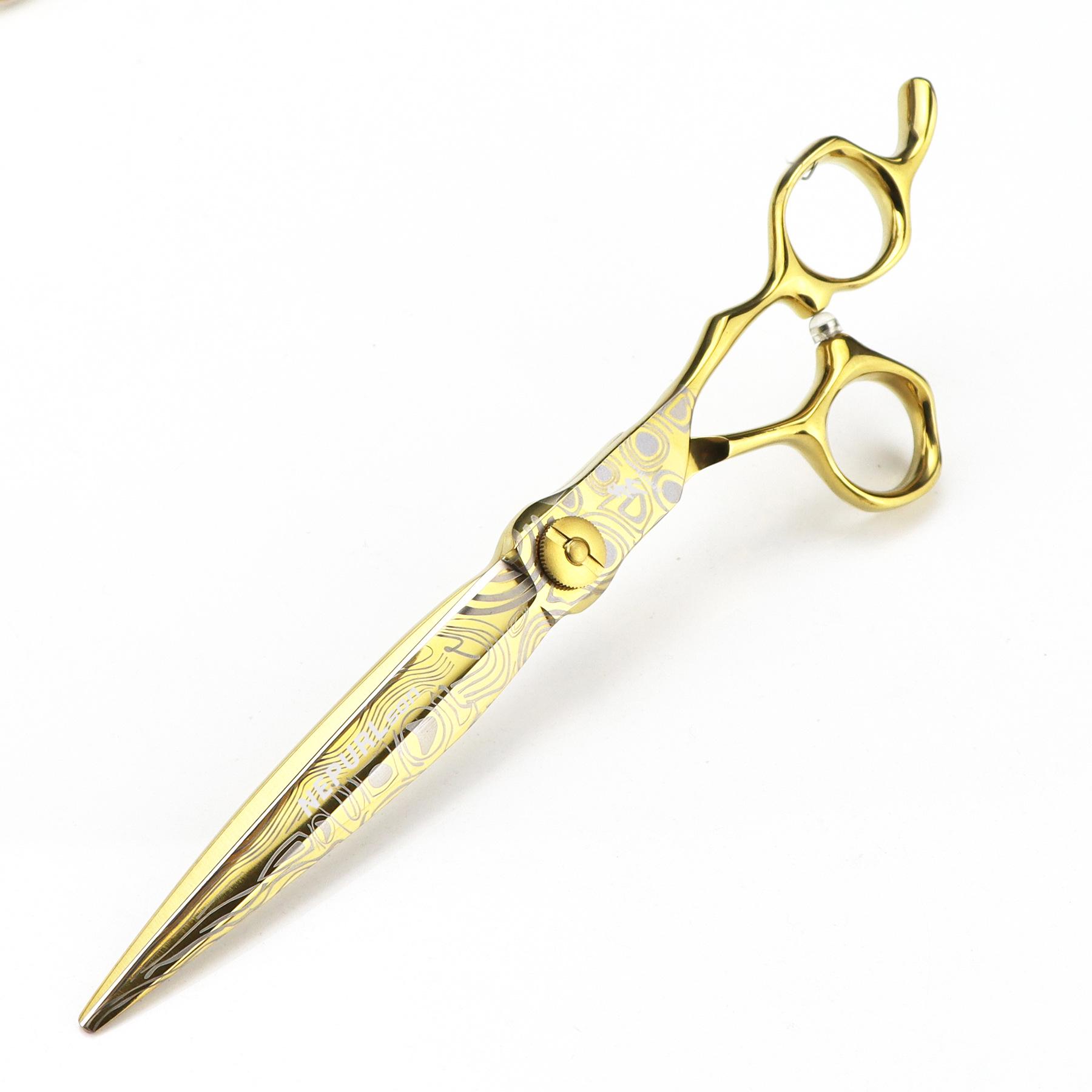 

Gold 7 Damascus Steel Hairdressing Scissors - Barber Serrated Thinning Scissors