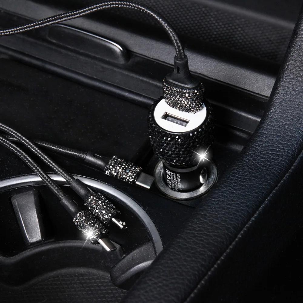 USB Car Charger Pink Crystal Diamond 5V 2.1A Dual Port Fast Charging Adapter 3 in 1 Charging Cable for IPhone Samsung Huawei