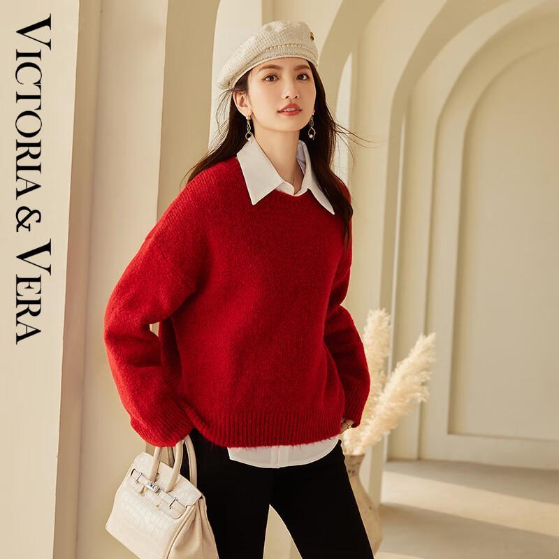 VICTORIA&VERA Women's Red Wool Blend Round Neck Knitted Sweater