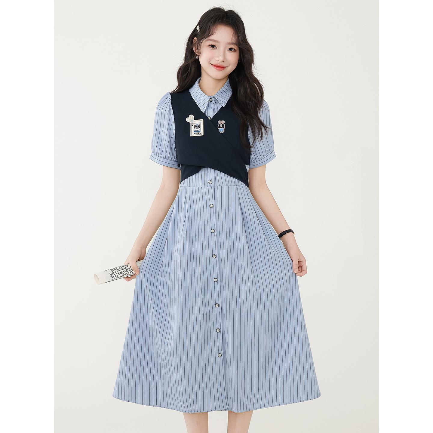 

Летнее платье с коротким рукавом для преподавателей, женское платье в студенческом стиле, имитация двух частей, с акцентом на талии L синий