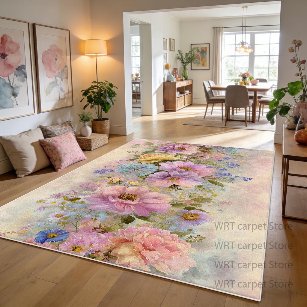 Cream Pink Color Floral Decoration Home Carpet Living Room Dining Room Area Non-slip Rug Patio Foldable Short Velvet Floor Mat