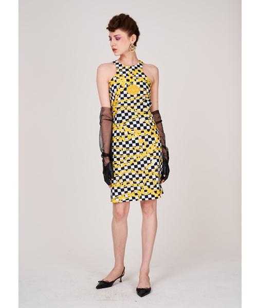 Greedius Checkerboard Chain Ruffle Dress