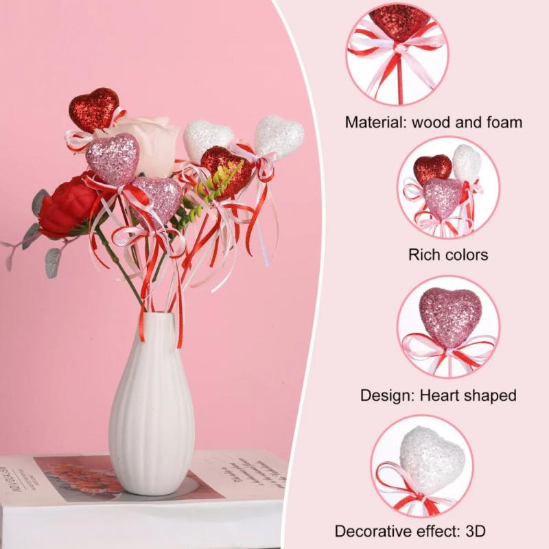 10-Piece Glitter Foam Heart Picks for Valentine's Day, Mother's Day, Gift Vases, Decorations, Birthday Parties