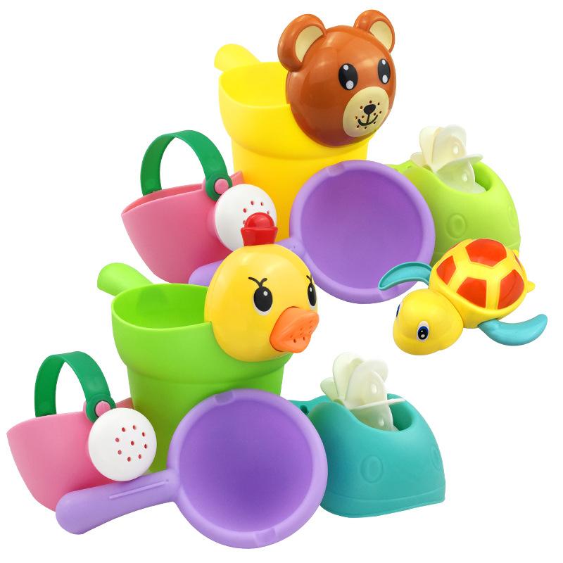 4-teiliges Set Baby Badespielzeug Gummi Süße Ente Bärenform Wasserrad Wassersprühset für Babyparty Schwimmen Badespielzeug Kindergeschenk