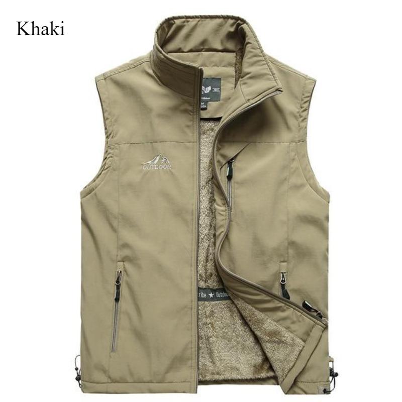 

Теплый многокарманный осенне-зимний мужской толстый свободный кашемировый жилет большого размера 2024 года, новая модная куртка без рукавов 5XL хаки