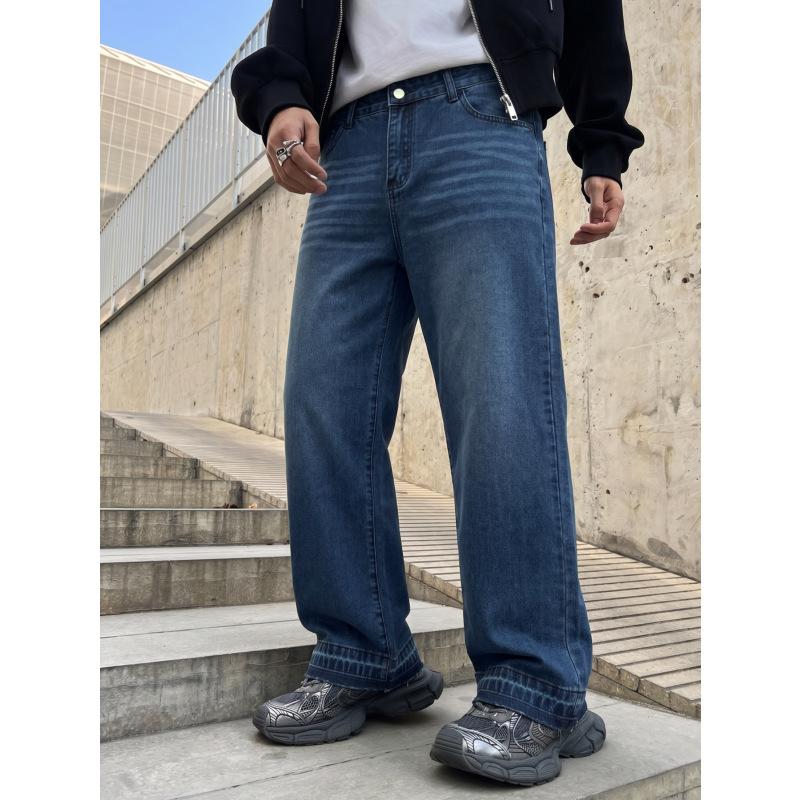 Popular Cat Whisker Washed Wide-leg Jeans Men's Retro Rough Edge Mopping Straight