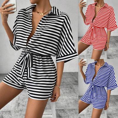 Summer Women's New Striped Lapel Button-up 1/2 Sleeves Jumpsuit Shorts, European American Style Casual Outfit for Crossborder