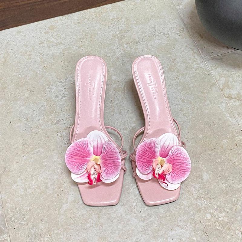 Fashion Pink Fashion Flower Women Thin Heels Sandals Slides Shoes Female Square Toe Footwear Ladies High Heels Sandals Shoes Pumps