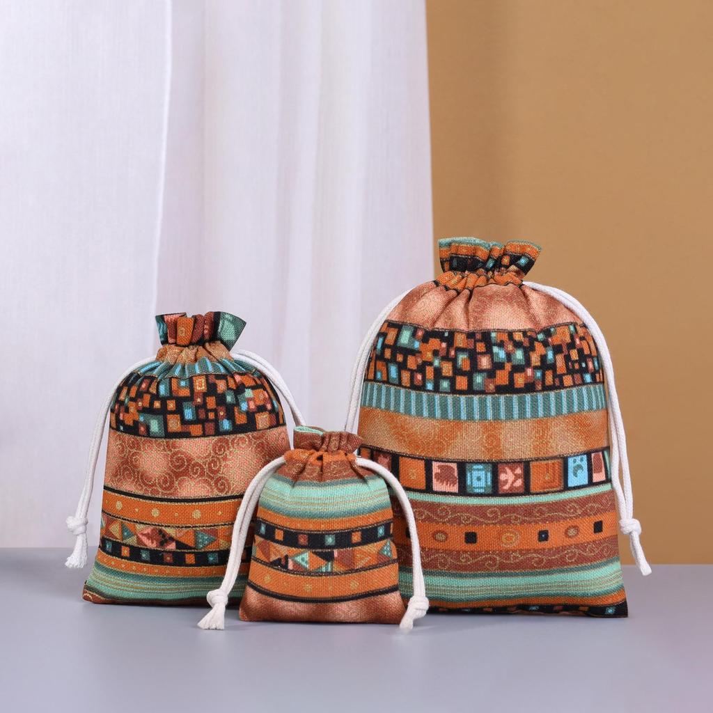 Ethnic Retro Print Stripe Cotton Drawstring Jewelry Gift Bag