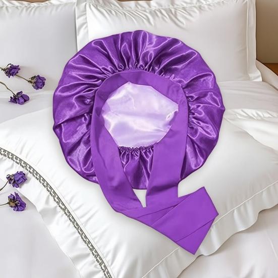 Double Layer Satin Sleeping Cap Solid Color Women Braids Long Curly Hair Night Sleep Cap Large Round Silk Hair Bonnet with Tie Band