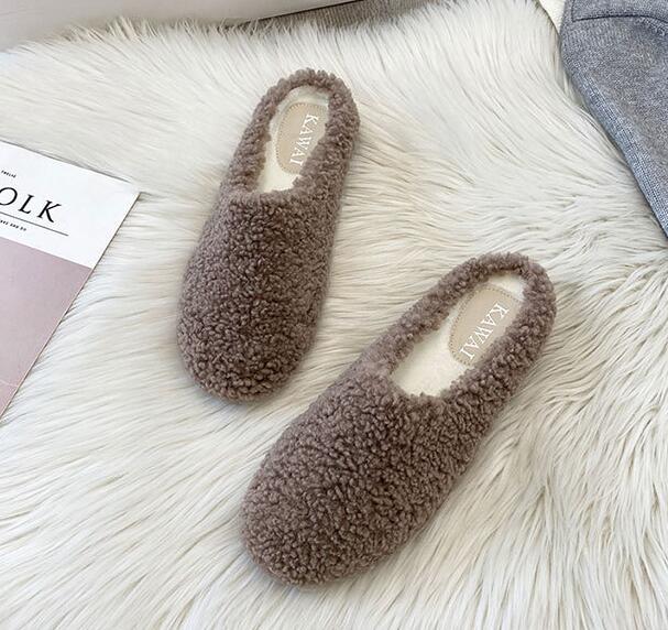 

Модные женские тапочки из овечьей шерсти большого размера 43, зимняя обувь из овечьей шерсти, женские плоские хлопковые шлепанцы, домашние пантуфли, повседневные меховые мюли без задника 4.5