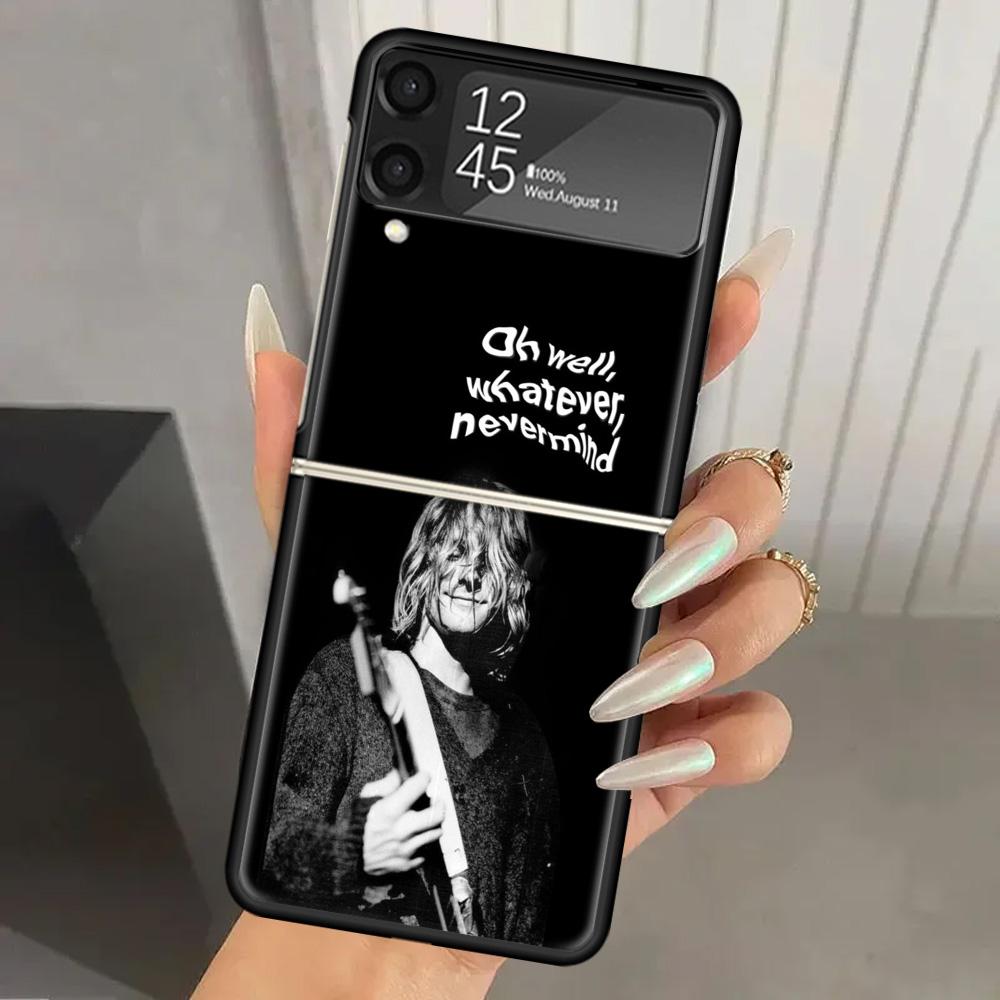 Retro Singer Kurt Cobain Hard PC Phone Case For Samsung Galaxy Z Flip 7 6 5 4 3 Black ZFlip7 ZFlip6 Flip5 Flip4 Flip3 5G Print C