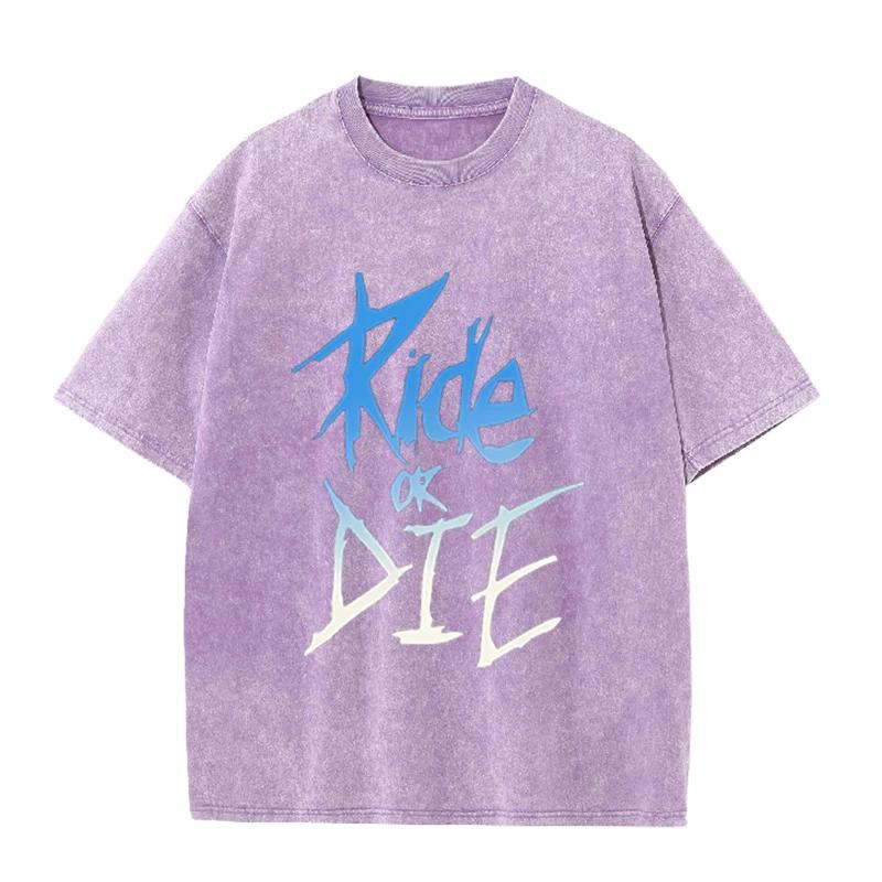 Ride Or Die Letter Print Vintage Washed T Shirt Unisex Punk Rock Casual Tee