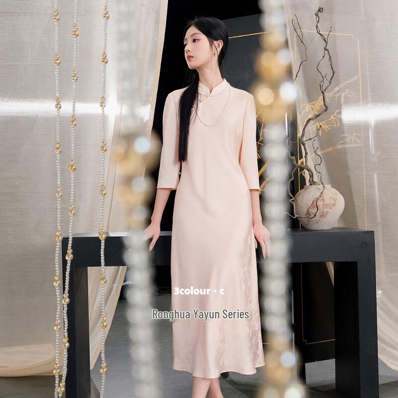

SanCai 2025 Autumn Floating Light Woven Shadow Jacquard 3/4 Sleeve Asymmetrical Long Dress C L
