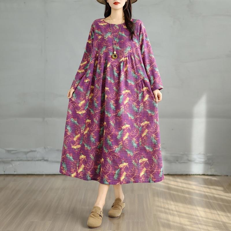 Long Sleeve Plus Size Cotton Vintage Floral New In Dresses for Women Casual Loose Spring Summer Autumn Dress