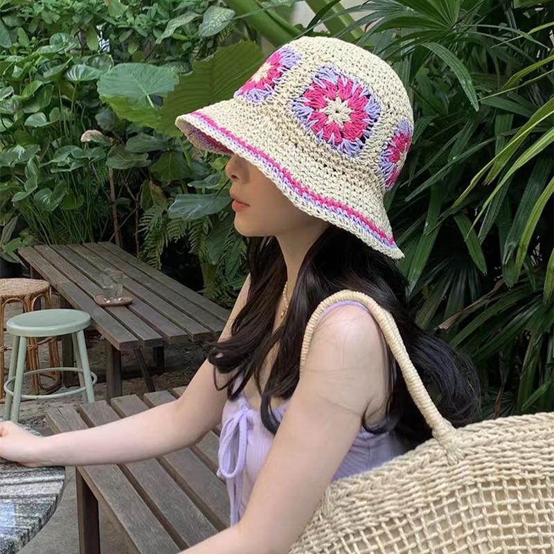 Summer face covering small sunscreen bucket hat woven flower straw hat bucket hat women's versatile sun hat