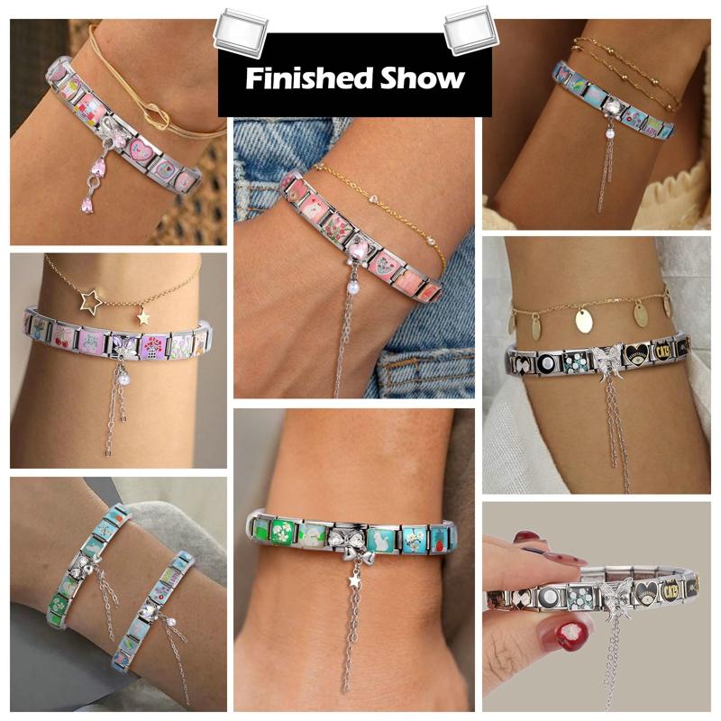 Zircon Long Tassel Butterfly Bow Knot Heart Italian Charm Links Fit 9mm Bracelet Stainless Steel DIY Jewelry Making